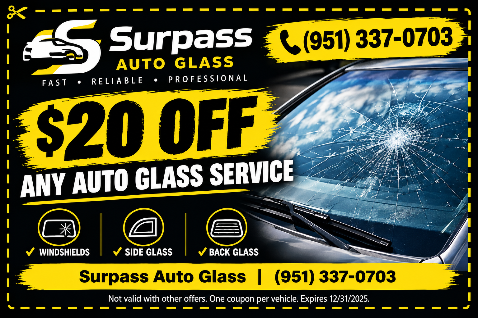$20 off any auto glass service coupon — Surpass Auto Glass